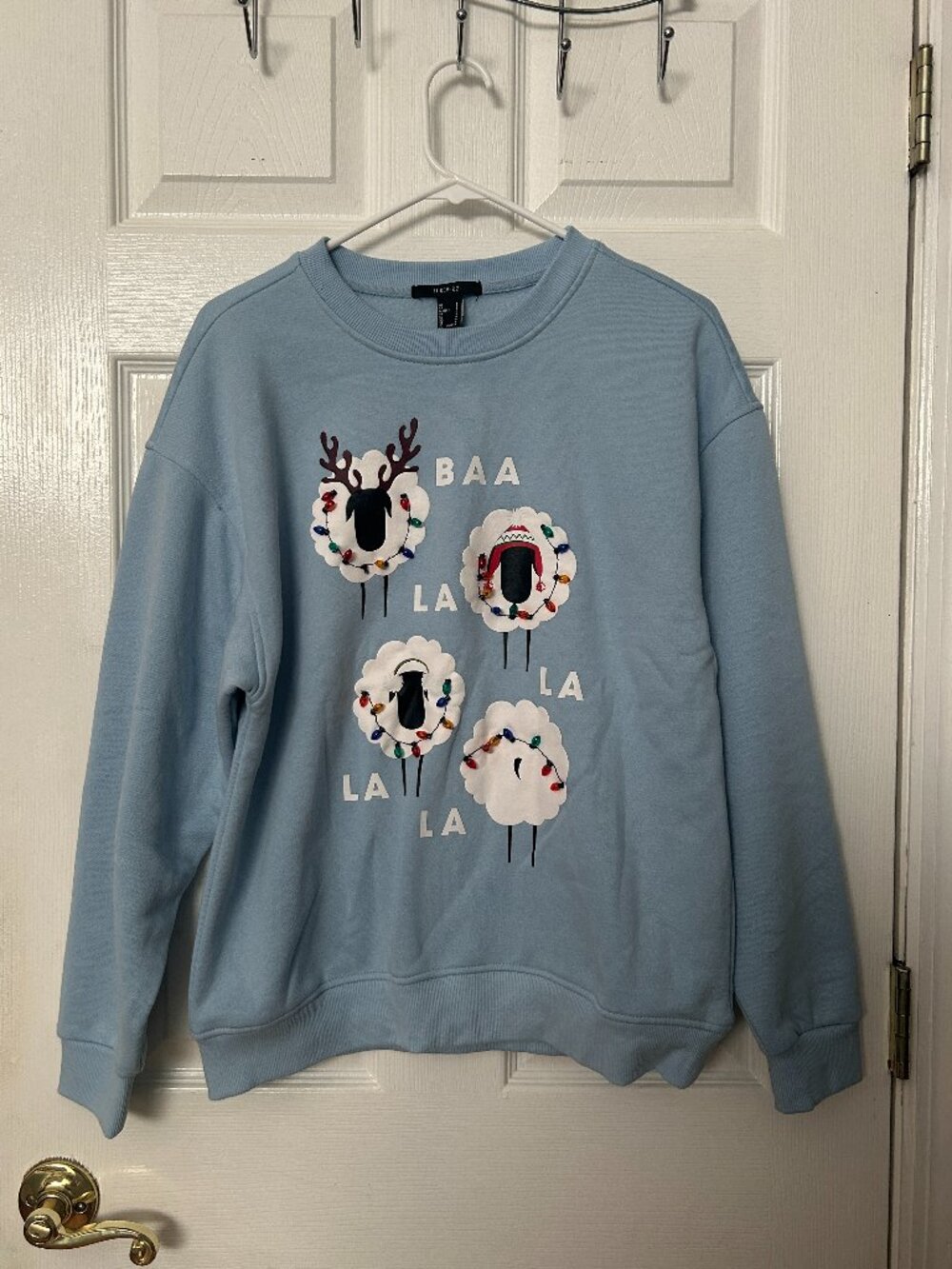 Forever 21 Light Blue Christmas Sweatshirt Women's Small Sheep Festive Cozy Soft